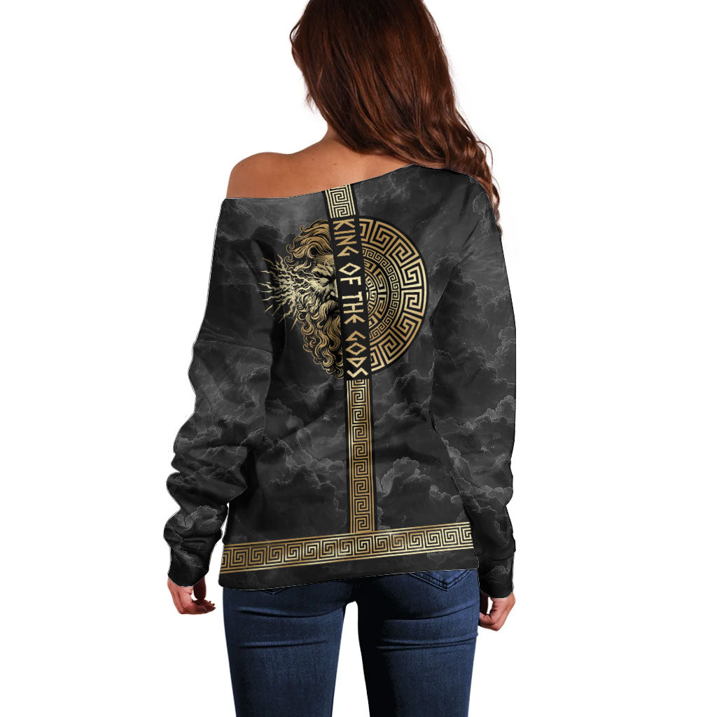 Zeus Greek Mythology King Of Gods Off Shoulder Sweater Golden Meander Key Pattern Lightning Bolt