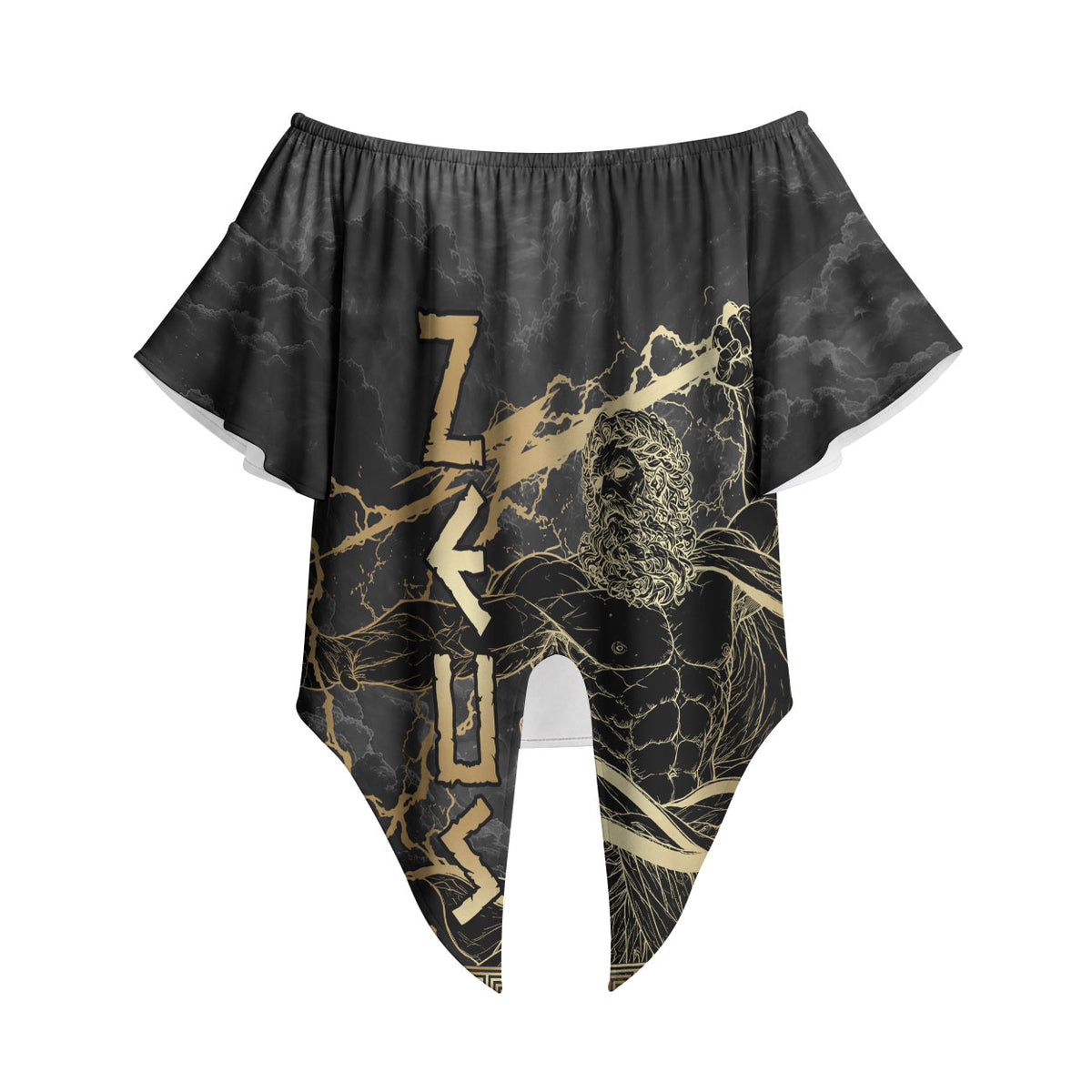 Zeus Greek Mythology King Of Gods Off Shoulder Wrap Waist Top Golden Meander Key Pattern Lightning Bolt