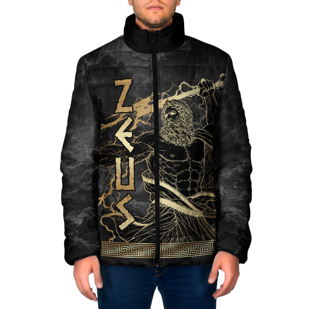 Zeus Greek Mythology King Of Gods Padded Jacket Golden Meander Key Pattern Lightning Bolt