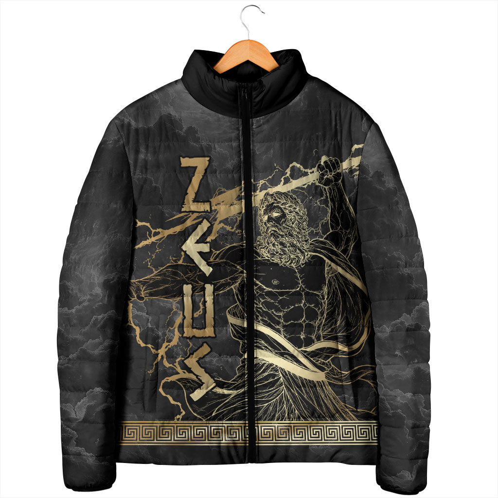 Zeus Greek Mythology King Of Gods Padded Jacket Golden Meander Key Pattern Lightning Bolt