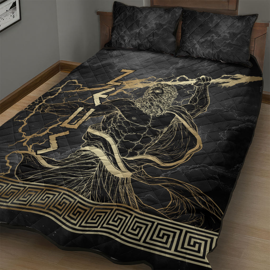Zeus Greek Mythology King Of Gods Quilt Bed Set Golden Meander Key Pattern Lightning Bolt