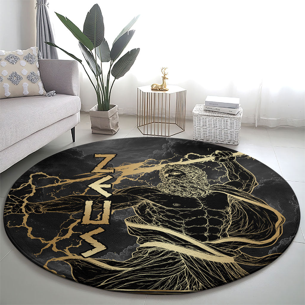 Zeus Greek Mythology King Of Gods Round Carpet Golden Meander Key Pattern Lightning Bolt