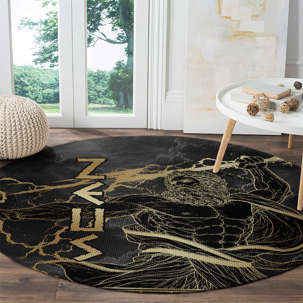 Zeus Greek Mythology King Of Gods Round Carpet Golden Meander Key Pattern Lightning Bolt