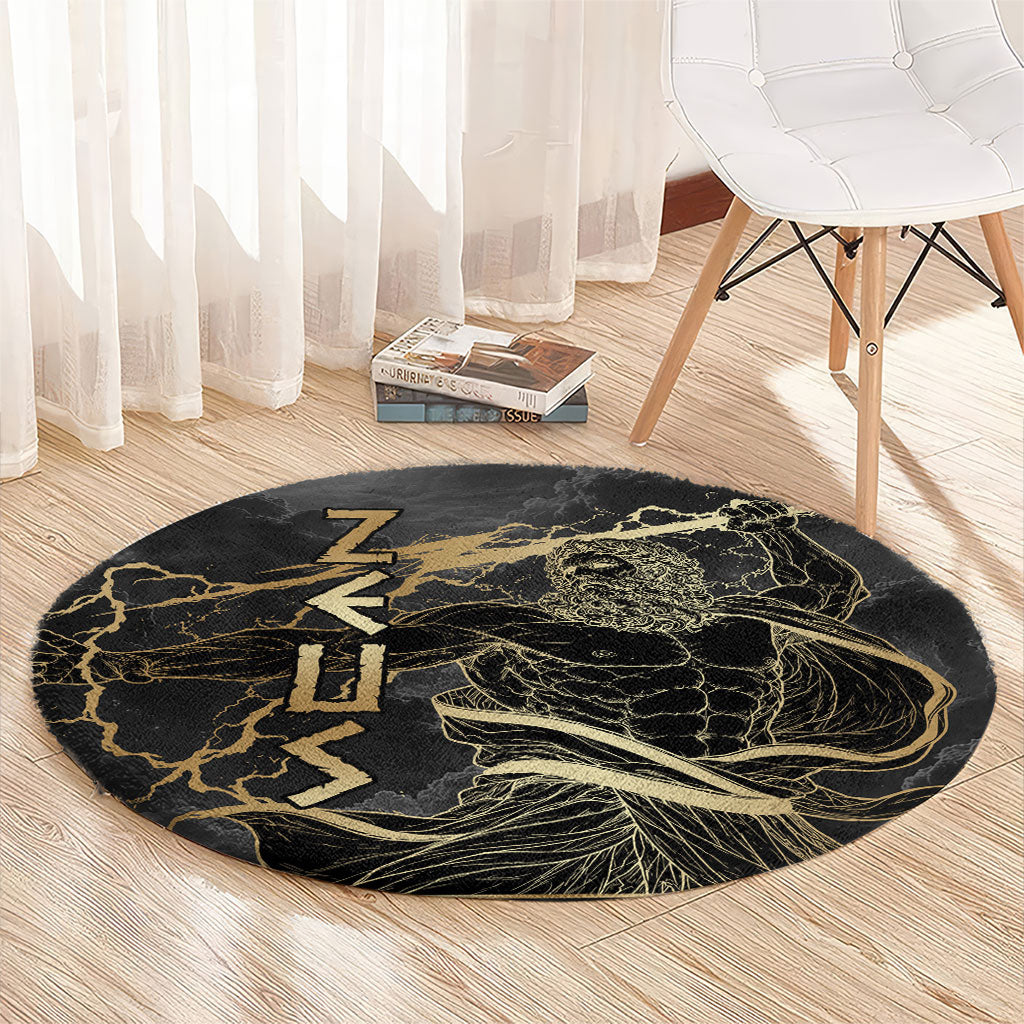 Zeus Greek Mythology King Of Gods Round Carpet Golden Meander Key Pattern Lightning Bolt