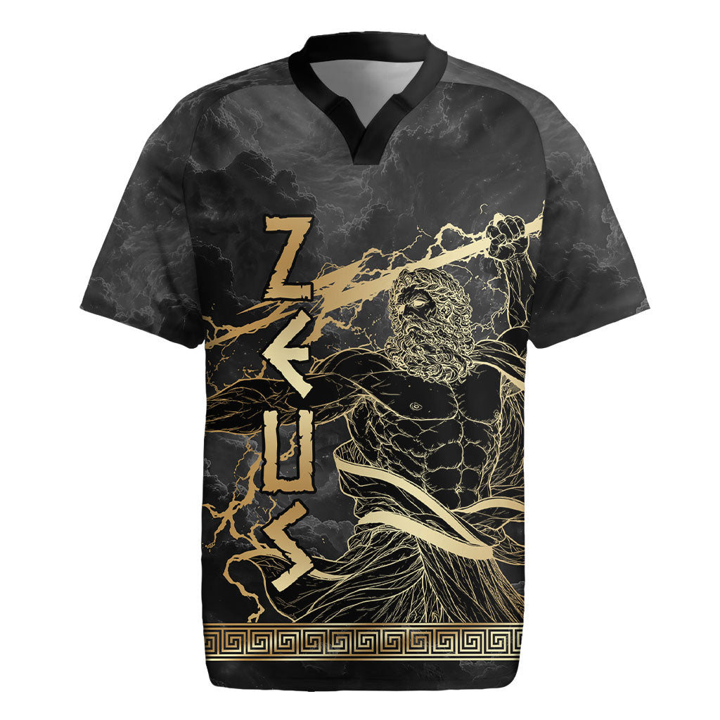 Zeus Greek Mythology King Of Gods Rugby Jersey Golden Meander Key Pattern Lightning Bolt