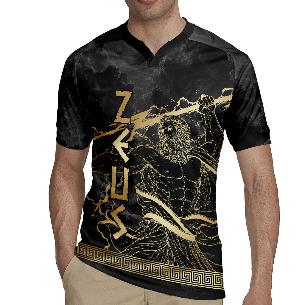 Zeus Greek Mythology King Of Gods Rugby Jersey Golden Meander Key Pattern Lightning Bolt