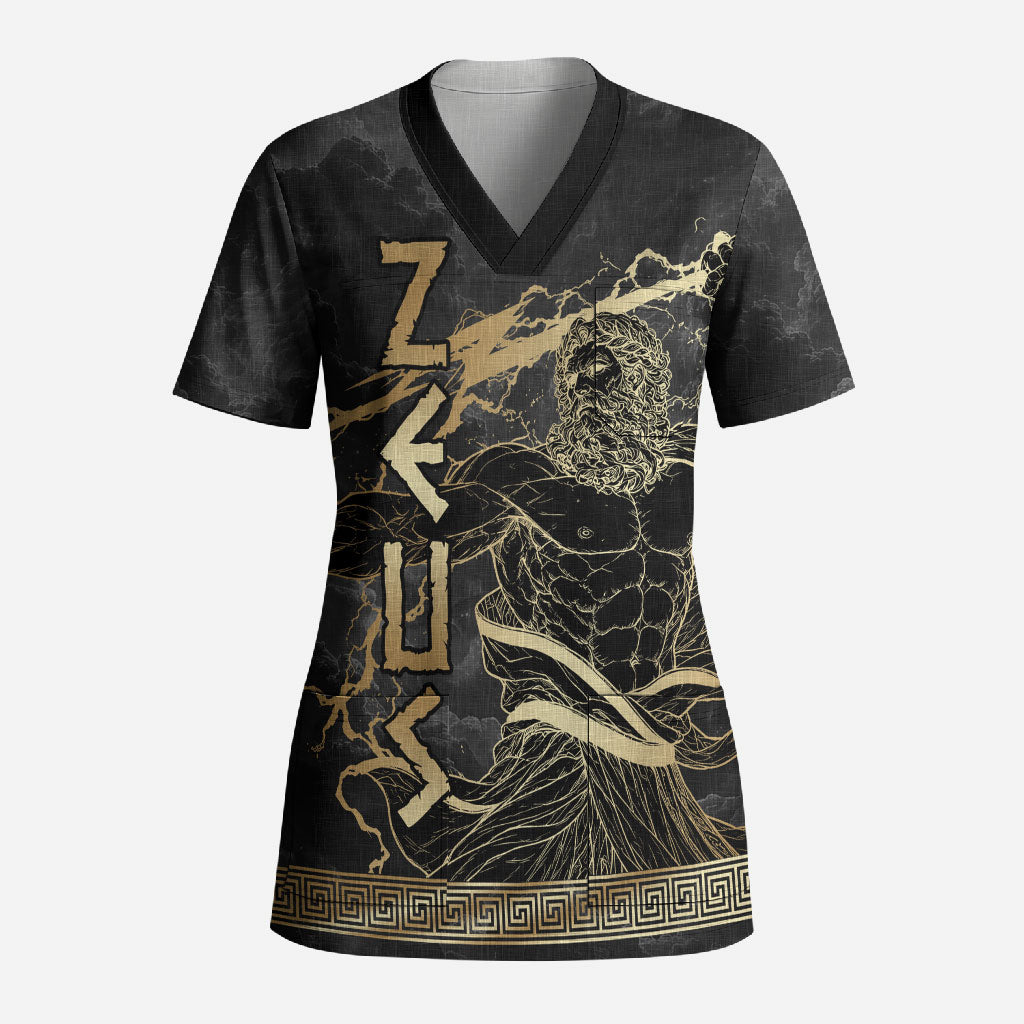 Zeus Greek Mythology King Of Gods Scrub Top Golden Meander Key Pattern Lightning Bolt
