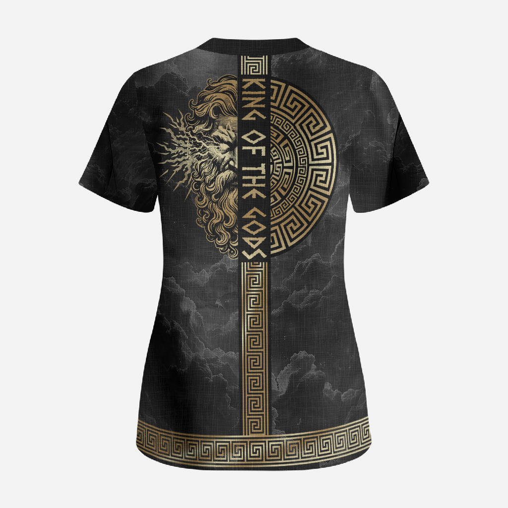 Zeus Greek Mythology King Of Gods Scrub Top Golden Meander Key Pattern Lightning Bolt