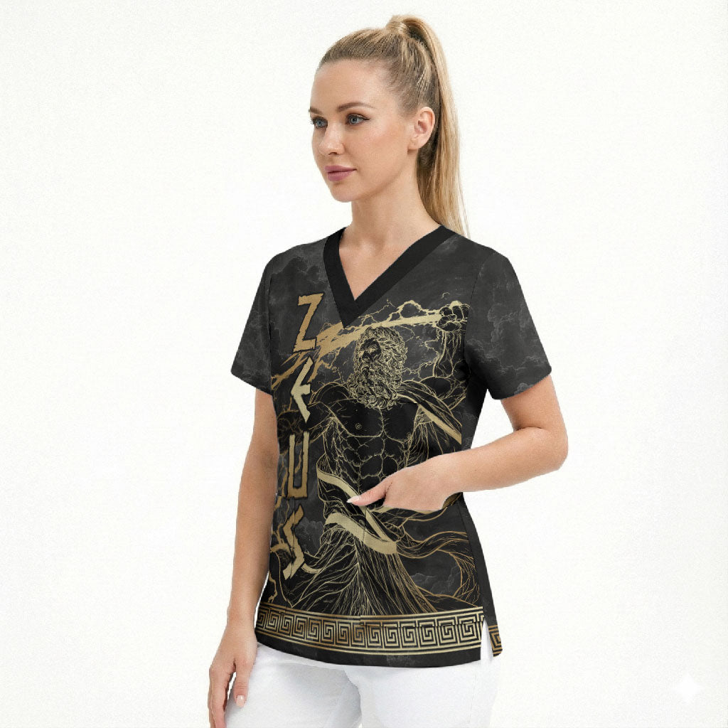 Zeus Greek Mythology King Of Gods Scrub Top Golden Meander Key Pattern Lightning Bolt