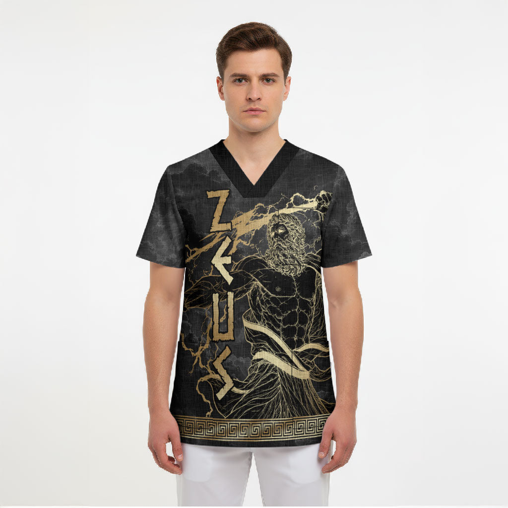 Zeus Greek Mythology King Of Gods Scrub Top Golden Meander Key Pattern Lightning Bolt