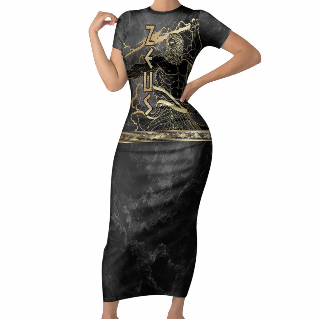 Zeus Greek Mythology King Of Gods Short Sleeve Bodycon Dress Golden Meander Key Pattern Lightning Bolt