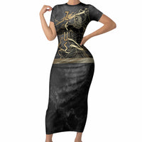 Zeus Greek Mythology King Of Gods Short Sleeve Bodycon Dress Golden Meander Key Pattern Lightning Bolt
