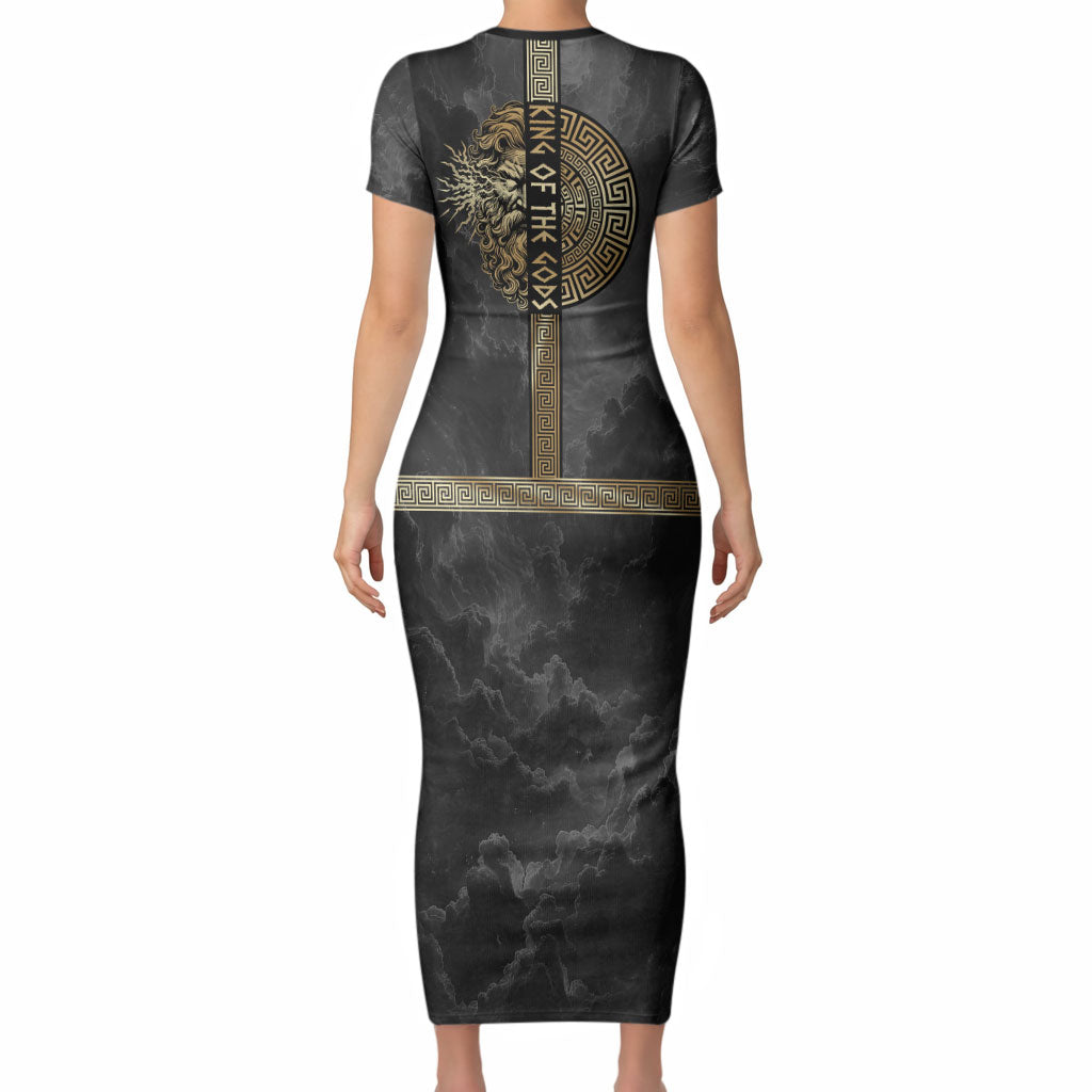 Zeus Greek Mythology King Of Gods Short Sleeve Bodycon Dress Golden Meander Key Pattern Lightning Bolt