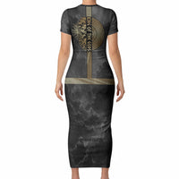 Zeus Greek Mythology King Of Gods Short Sleeve Bodycon Dress Golden Meander Key Pattern Lightning Bolt
