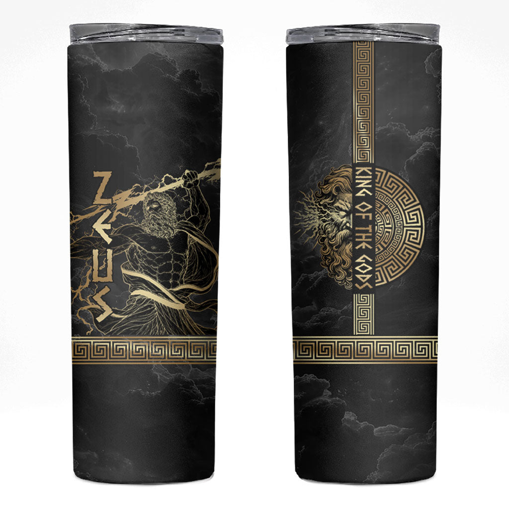 Zeus Greek Mythology King Of Gods Skinny Tumbler Golden Meander Key Pattern Lightning Bolt