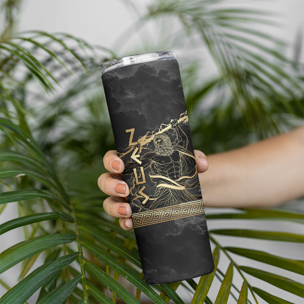 Zeus Greek Mythology King Of Gods Skinny Tumbler Golden Meander Key Pattern Lightning Bolt