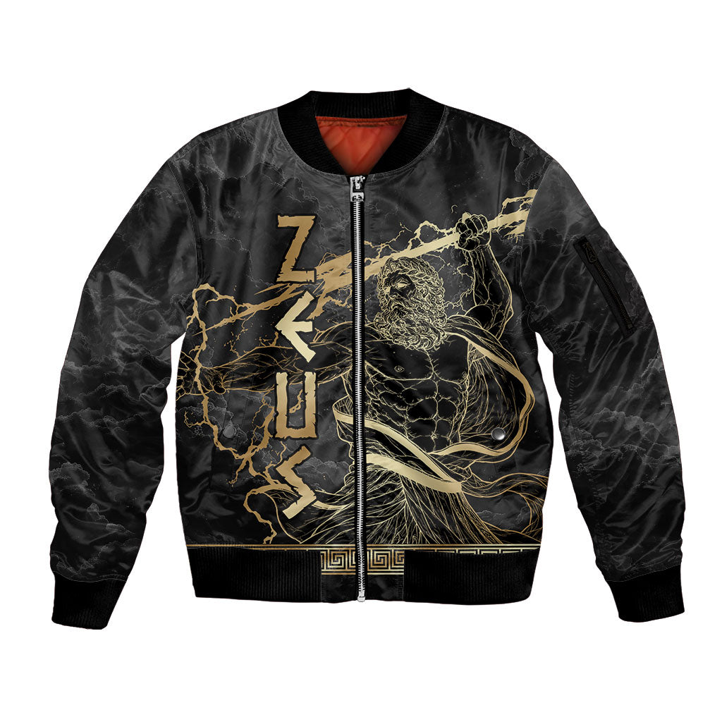 Zeus Greek Mythology King Of Gods Sleeve Zip Bomber Jacket Golden Meander Key Pattern Lightning Bolt