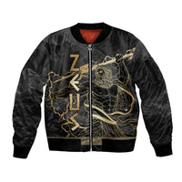 Zeus Greek Mythology King Of Gods Sleeve Zip Bomber Jacket Golden Meander Key Pattern Lightning Bolt