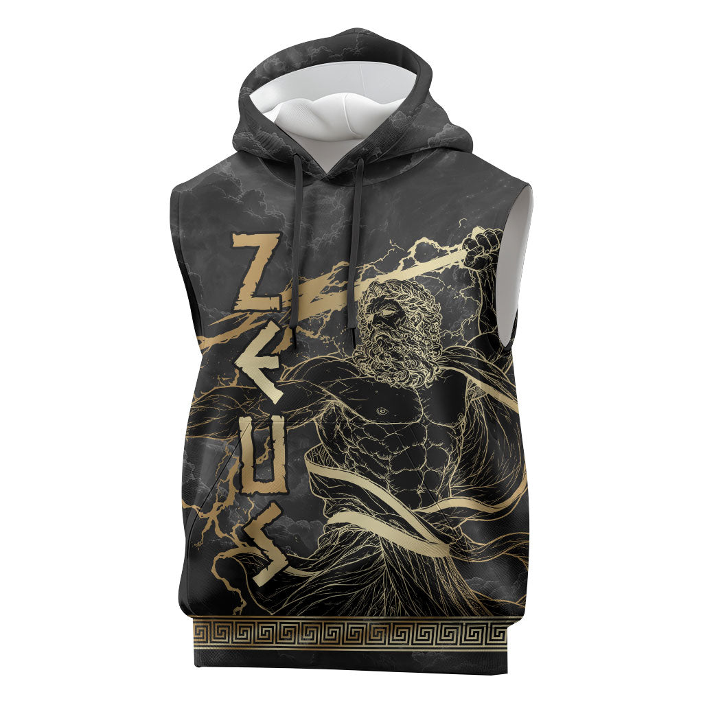 Zeus Greek Mythology King Of Gods Sleeveless Hoodie Golden Meander Key Pattern Lightning Bolt