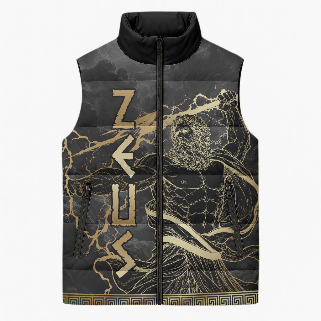 Zeus Greek Mythology King Of Gods Sleeveless Puffer Jacket Golden Meander Key Pattern Lightning Bolt