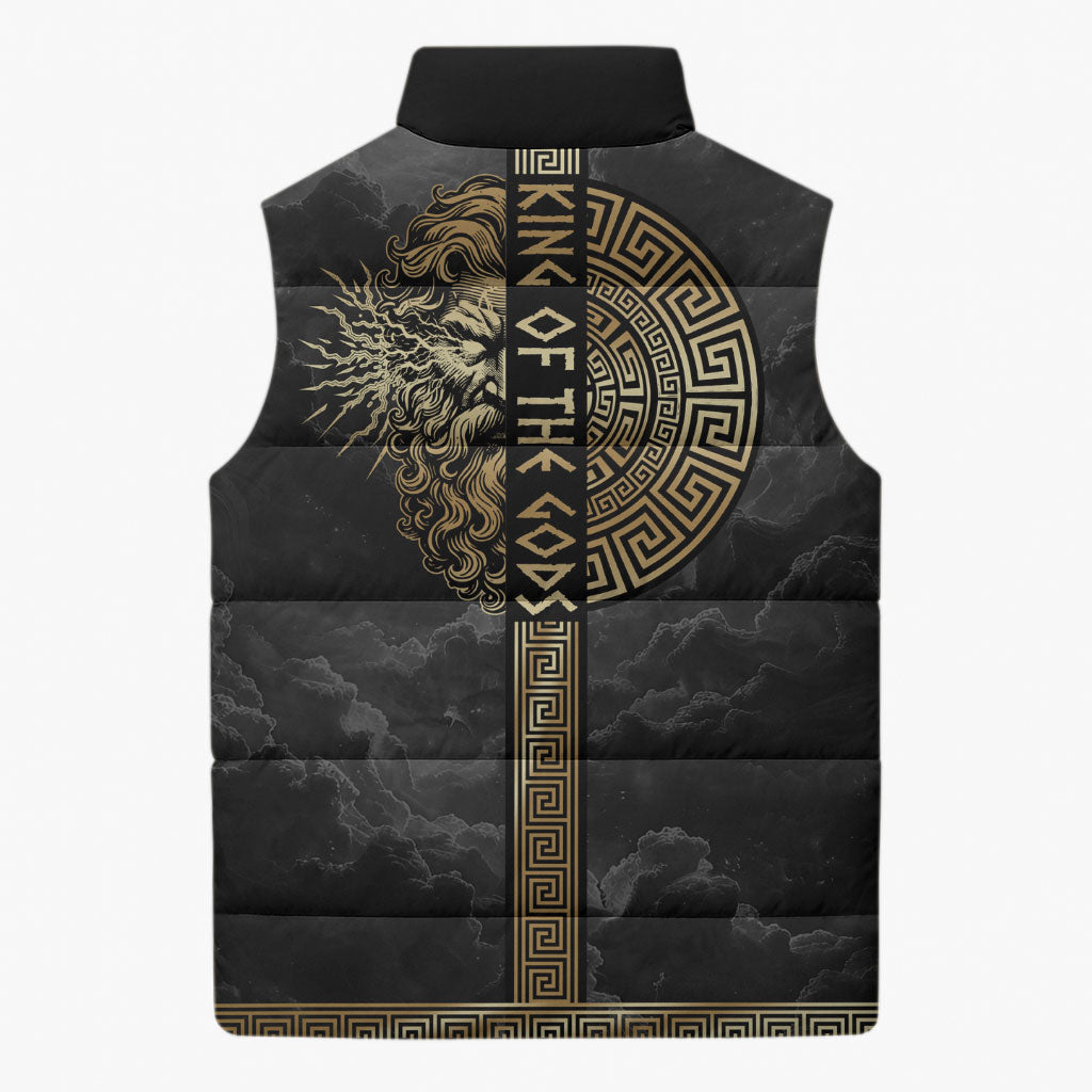 Zeus Greek Mythology King Of Gods Sleeveless Puffer Jacket Golden Meander Key Pattern Lightning Bolt