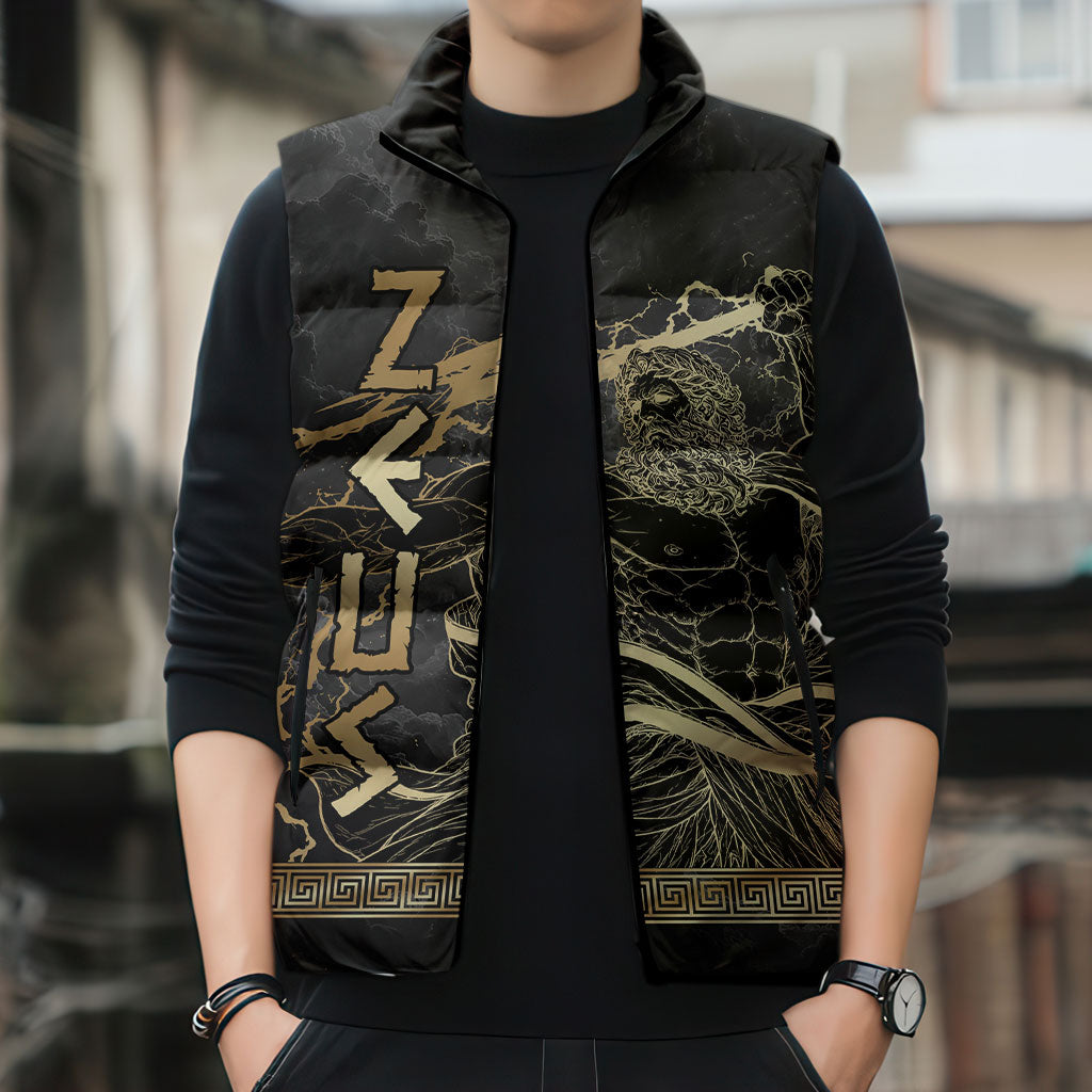 Zeus Greek Mythology King Of Gods Sleeveless Puffer Jacket Golden Meander Key Pattern Lightning Bolt