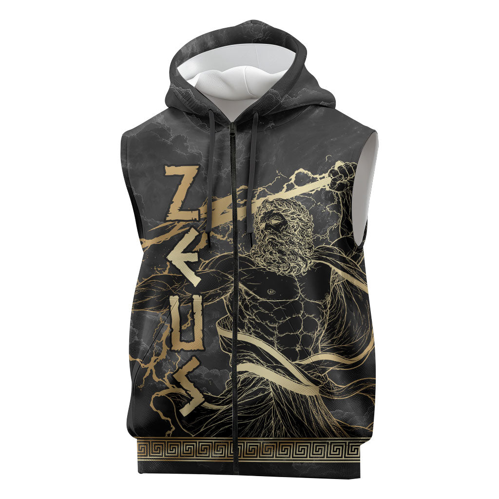 Zeus Greek Mythology King Of Gods Sleeveless Zip Hoodie Golden Meander Key Pattern Lightning Bolt