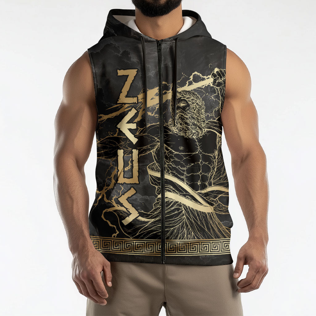 Zeus Greek Mythology King Of Gods Sleeveless Zip Hoodie Golden Meander Key Pattern Lightning Bolt