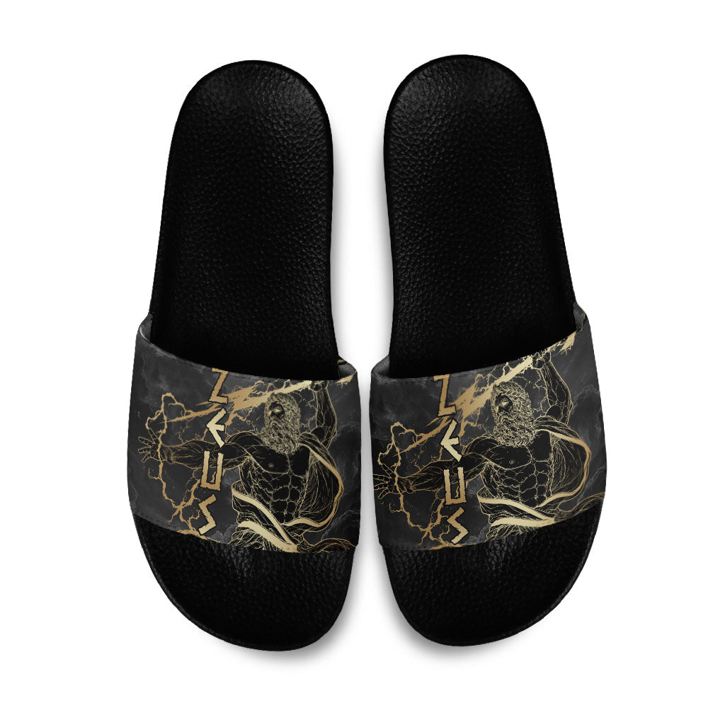 Zeus Greek Mythology King Of Gods Slide Sandals Golden Meander Key Pattern Lightning Bolt
