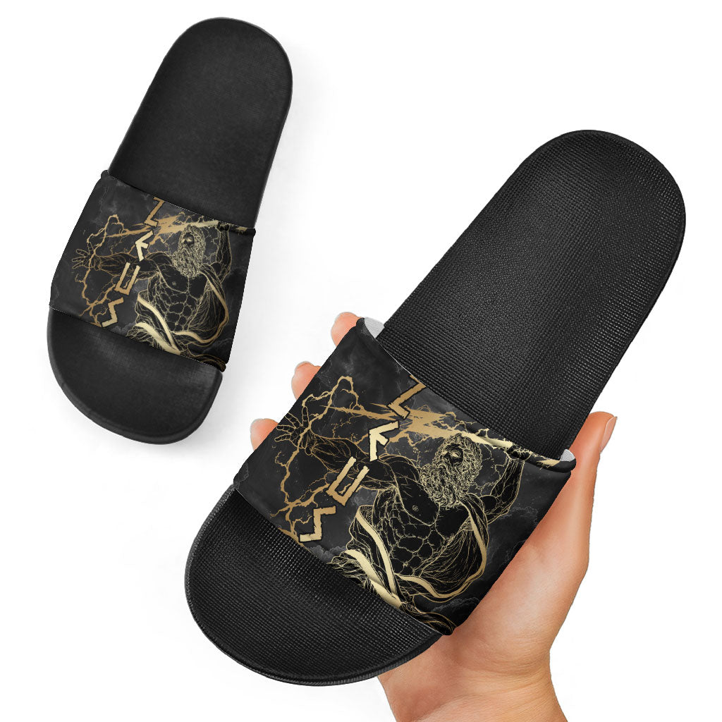 Zeus Greek Mythology King Of Gods Slide Sandals Golden Meander Key Pattern Lightning Bolt