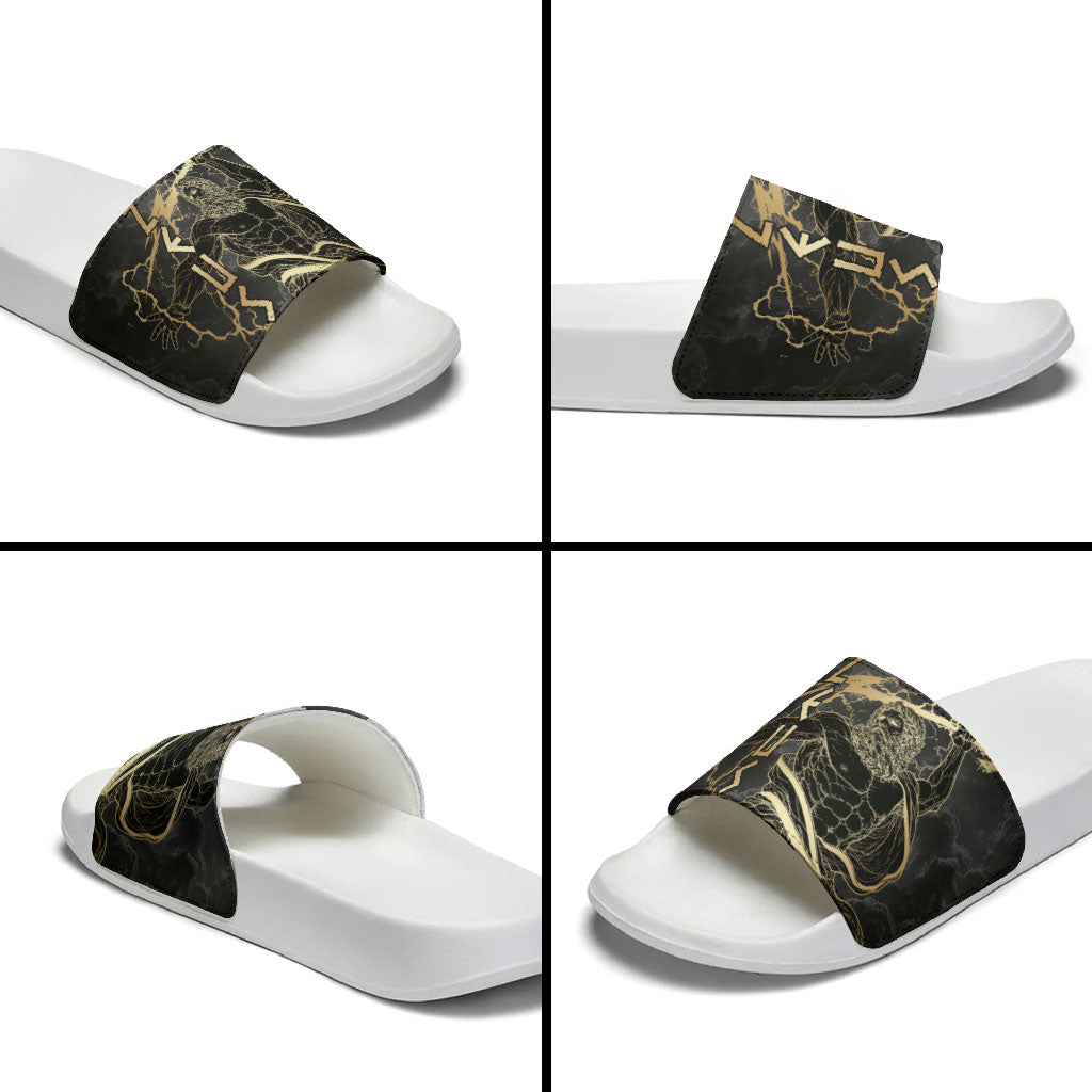 Zeus Greek Mythology King Of Gods Slide Sandals Golden Meander Key Pattern Lightning Bolt