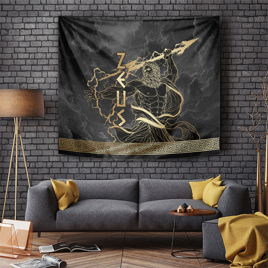 Zeus Greek Mythology King Of Gods Tapestry Golden Meander Key Pattern Lightning Bolt