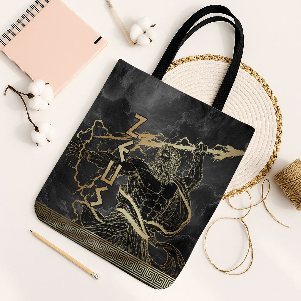 Zeus Greek Mythology King Of Gods Tote Bag Golden Meander Key Pattern Lightning Bolt