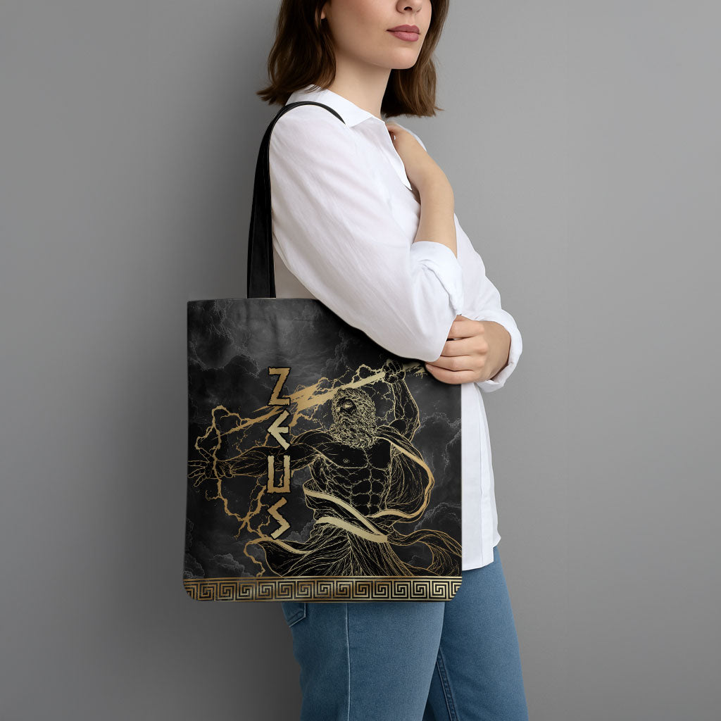 Zeus Greek Mythology King Of Gods Tote Bag Golden Meander Key Pattern Lightning Bolt