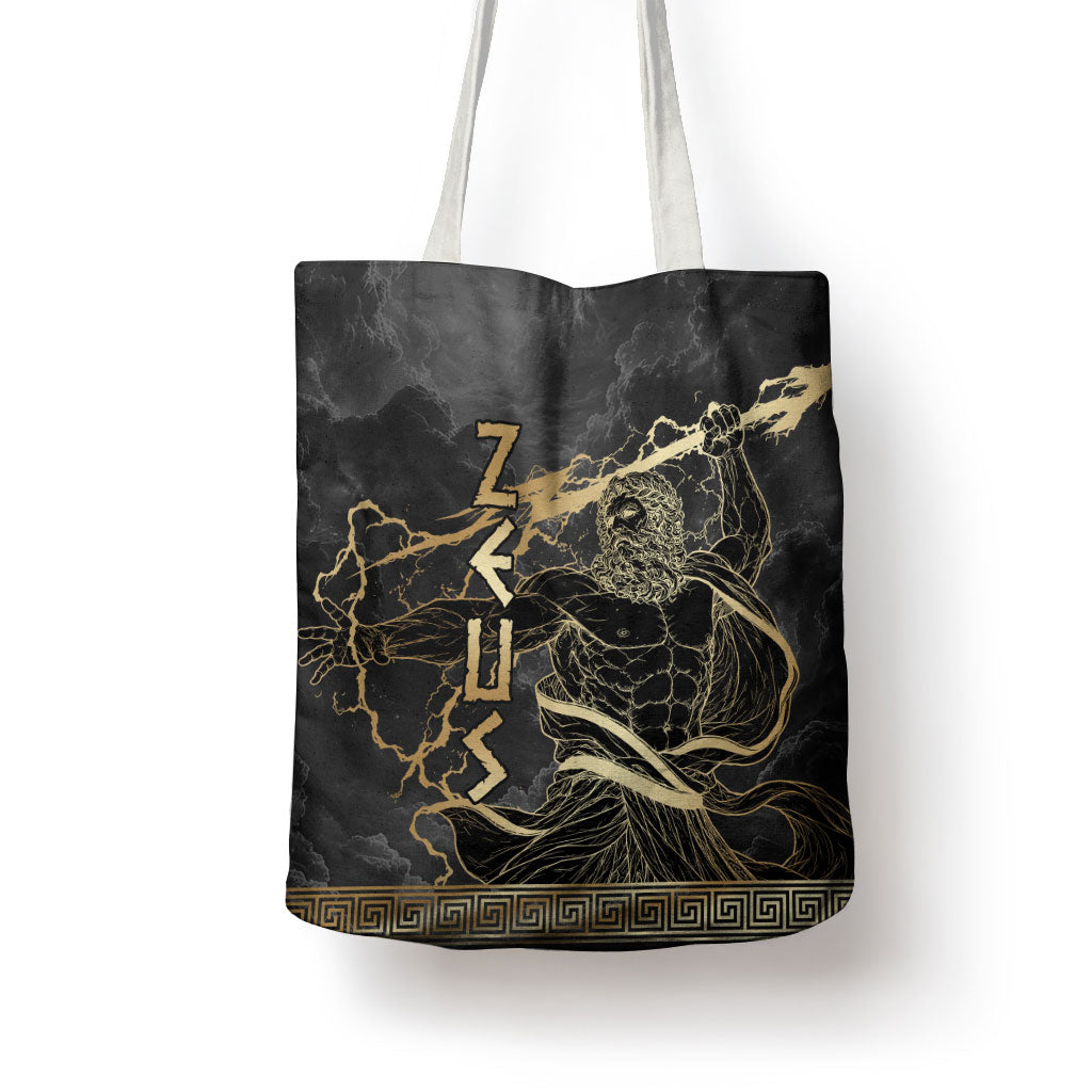 Zeus Greek Mythology King Of Gods Tote Bag Golden Meander Key Pattern Lightning Bolt