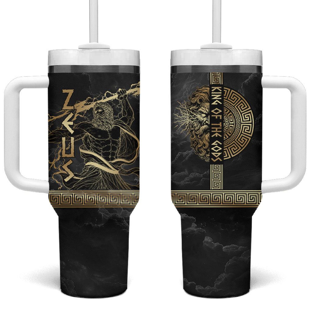 Zeus Greek Mythology King Of Gods Tumbler With Handle Golden Meander Key Pattern Lightning Bolt