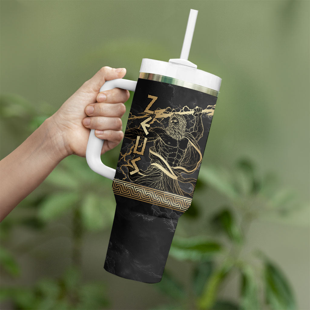 Zeus Greek Mythology King Of Gods Tumbler With Handle Golden Meander Key Pattern Lightning Bolt