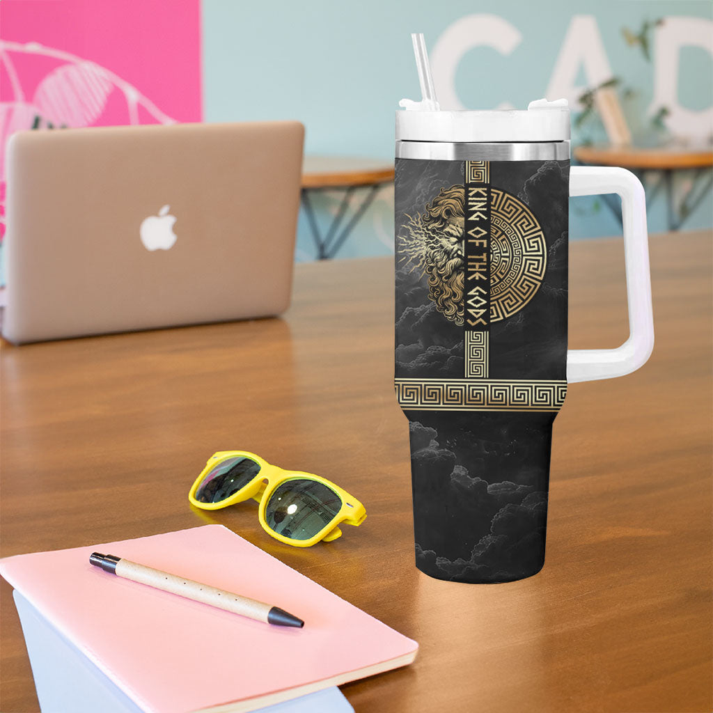Zeus Greek Mythology King Of Gods Tumbler With Handle Golden Meander Key Pattern Lightning Bolt
