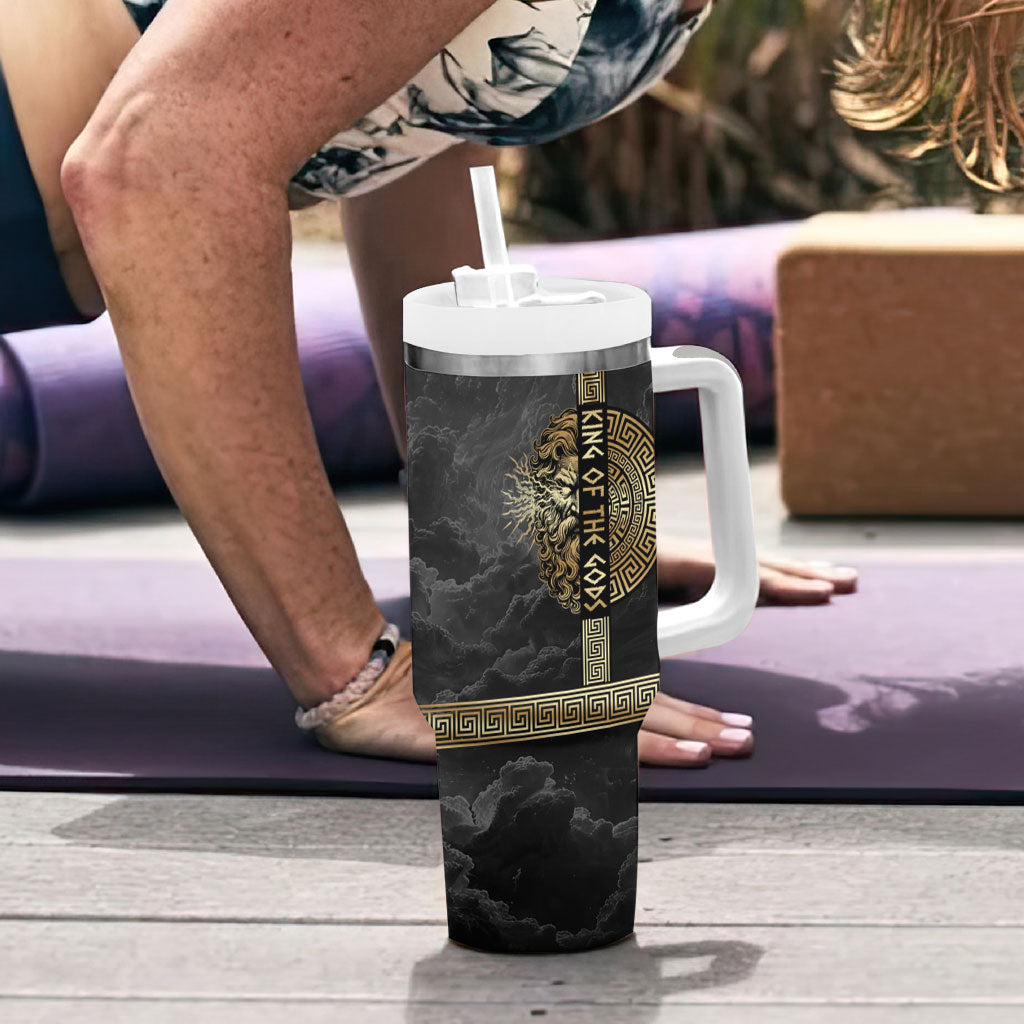 Zeus Greek Mythology King Of Gods Tumbler With Handle Golden Meander Key Pattern Lightning Bolt
