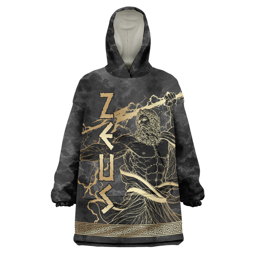 Zeus Greek Mythology King Of Gods Wearable Blanket Hoodie Golden Meander Key Pattern Lightning Bolt