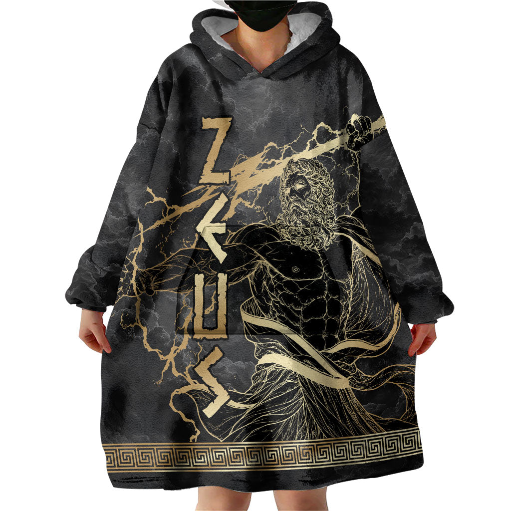 Zeus Greek Mythology King Of Gods Wearable Blanket Hoodie Golden Meander Key Pattern Lightning Bolt