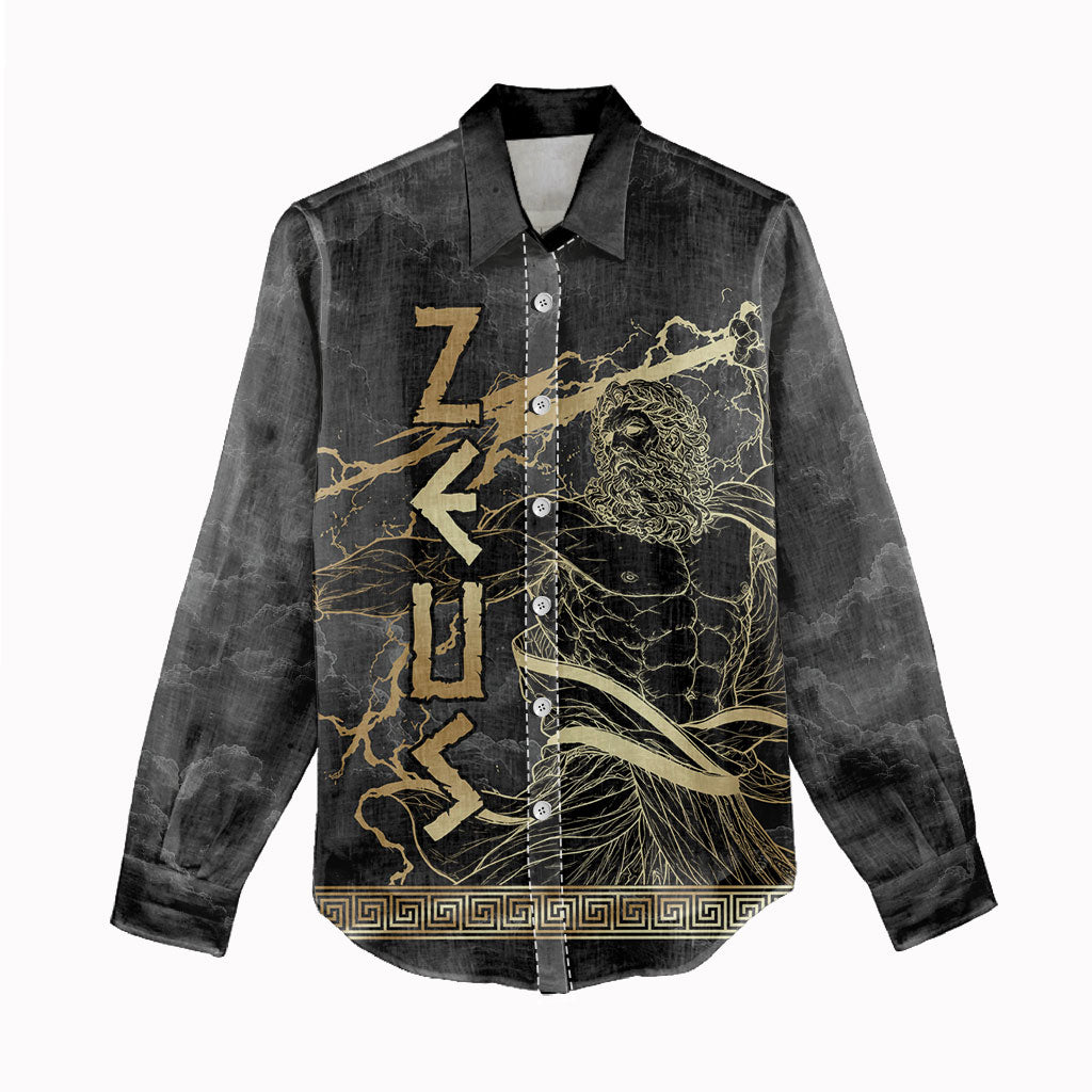 Zeus Greek Mythology King Of Gods Women Casual Shirt Golden Meander Key Pattern Lightning Bolt