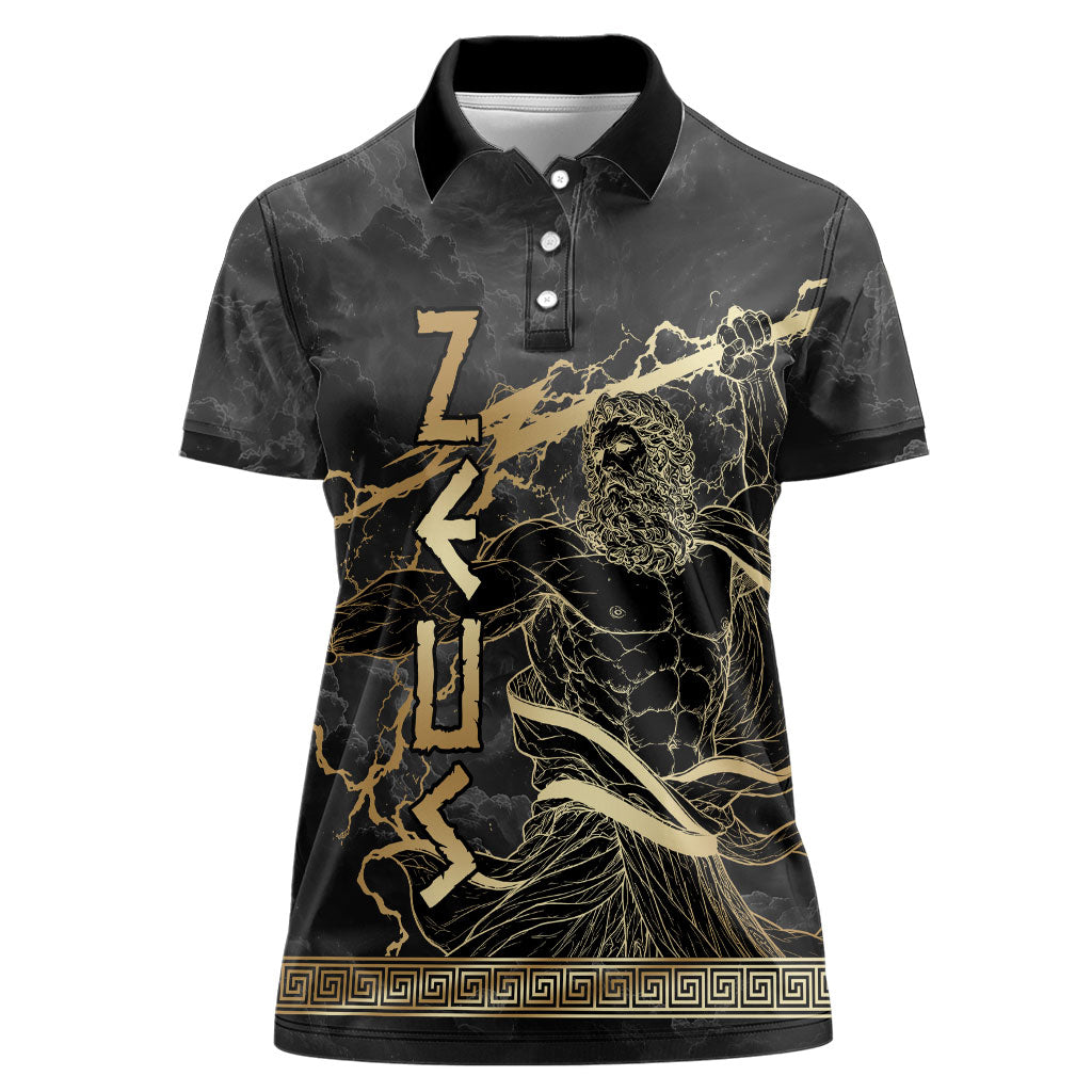 Zeus Greek Mythology King Of Gods Women Polo Shirt Golden Meander Key Pattern Lightning Bolt