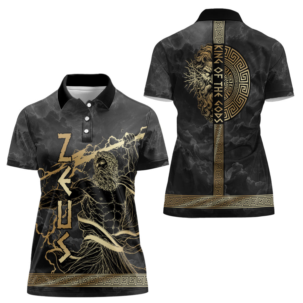 Zeus Greek Mythology King Of Gods Women Polo Shirt Golden Meander Key Pattern Lightning Bolt