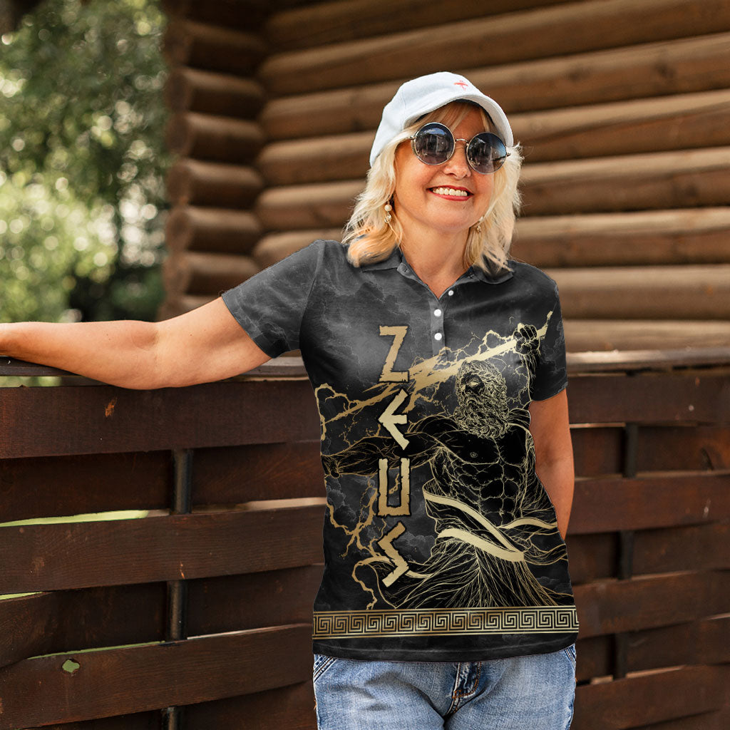 Zeus Greek Mythology King Of Gods Women Polo Shirt Golden Meander Key Pattern Lightning Bolt