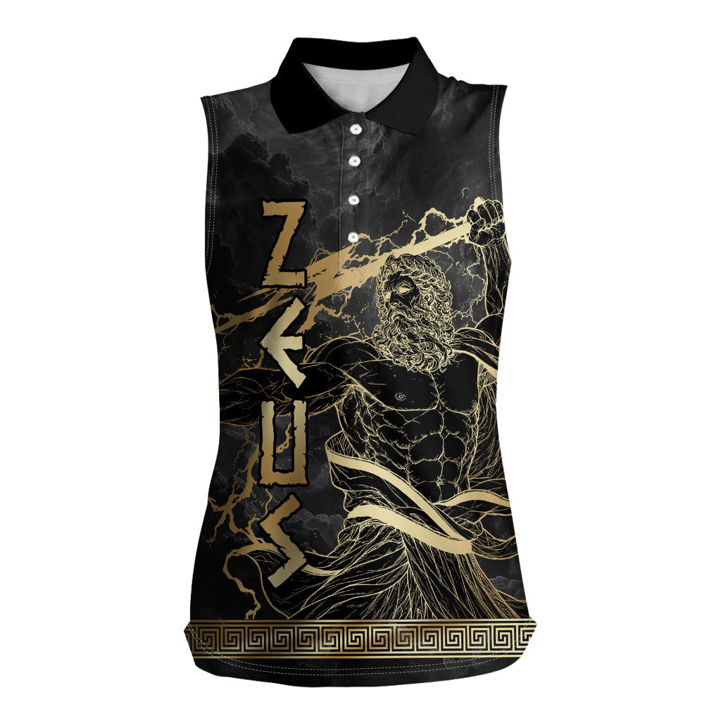 Zeus Greek Mythology King Of Gods Women Sleeveless Polo Shirt Golden Meander Key Pattern Lightning Bolt