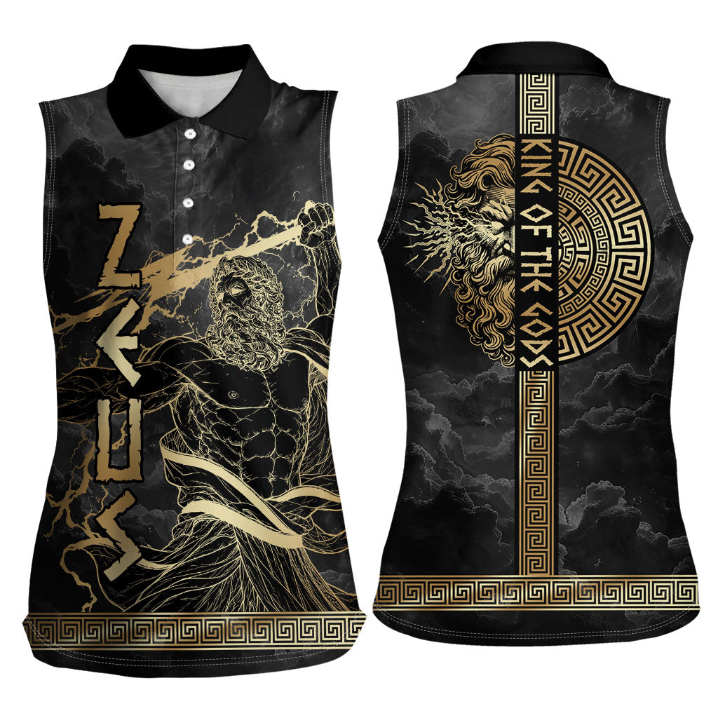 Zeus Greek Mythology King Of Gods Women Sleeveless Polo Shirt Golden Meander Key Pattern Lightning Bolt