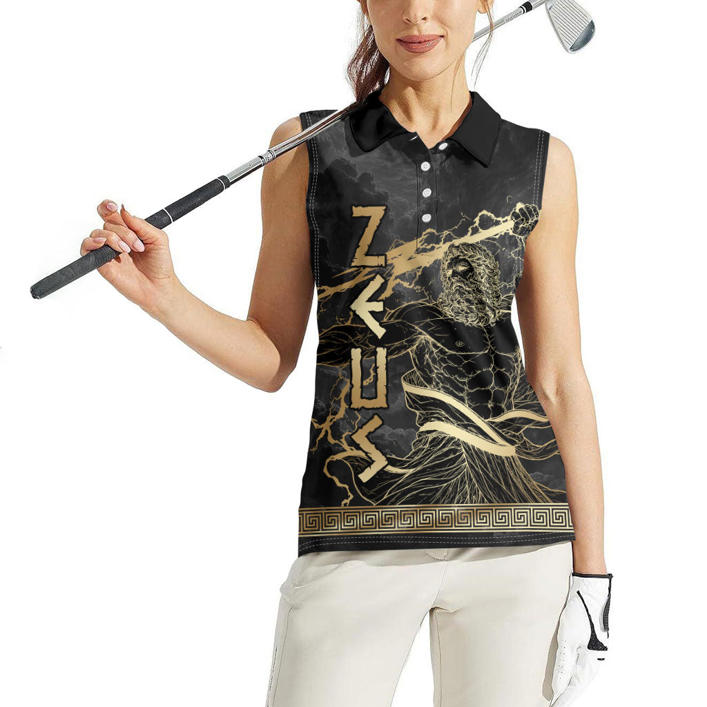 Zeus Greek Mythology King Of Gods Women Sleeveless Polo Shirt Golden Meander Key Pattern Lightning Bolt