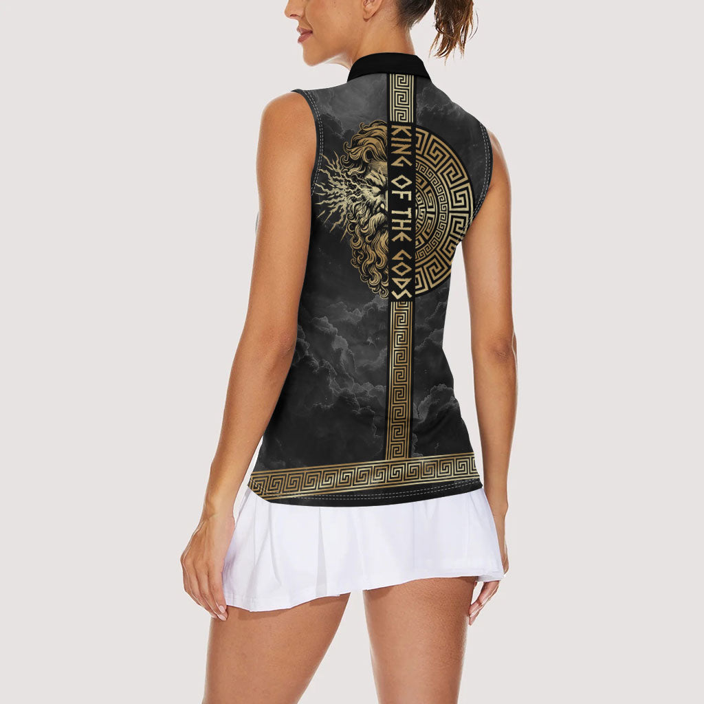 Zeus Greek Mythology King Of Gods Women Sleeveless Polo Shirt Golden Meander Key Pattern Lightning Bolt
