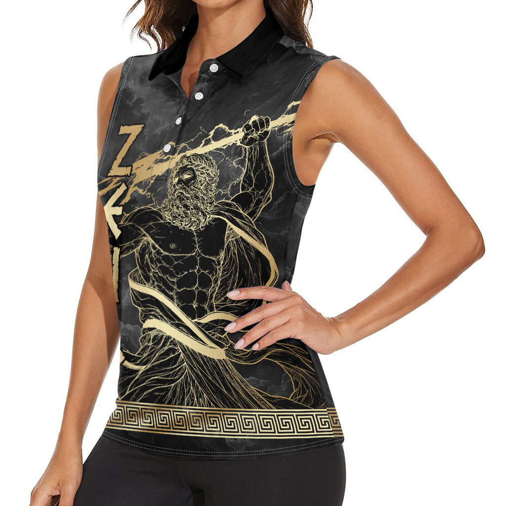 Zeus Greek Mythology King Of Gods Women Sleeveless Polo Shirt Golden Meander Key Pattern Lightning Bolt